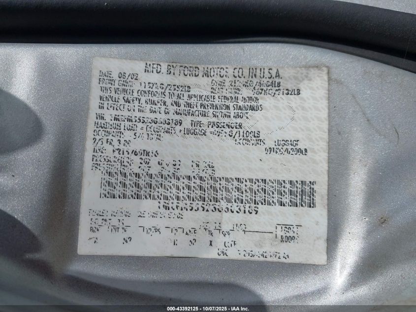 2003 Mercury Sable Ls Premium VIN: 1MEFM55S23G603189 Lot: 43392125