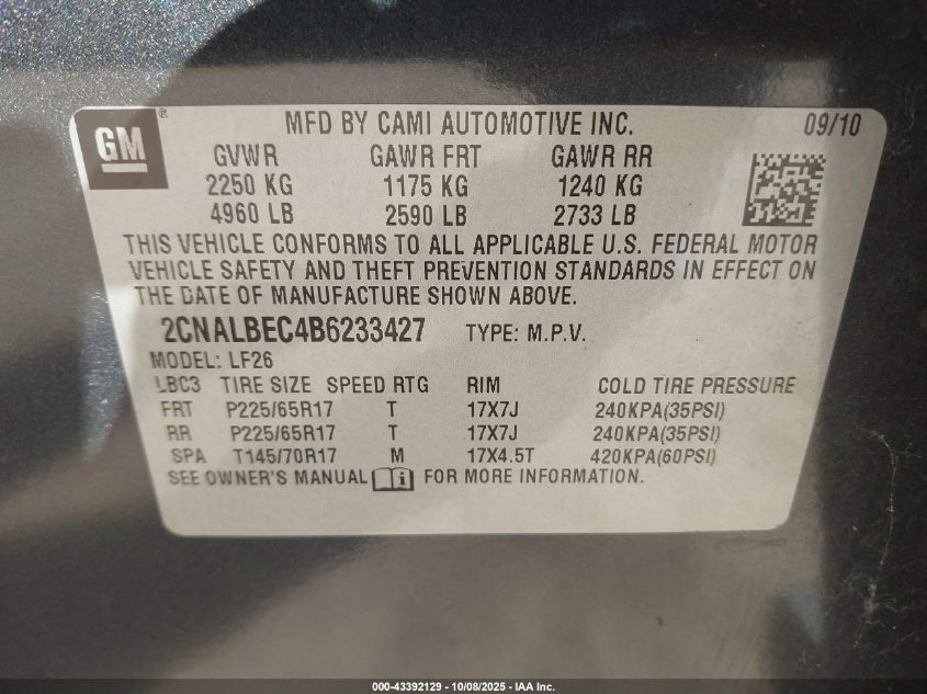 2011 Chevrolet Equinox Ls VIN: 2CNALBEC4B6233427 Lot: 43392129