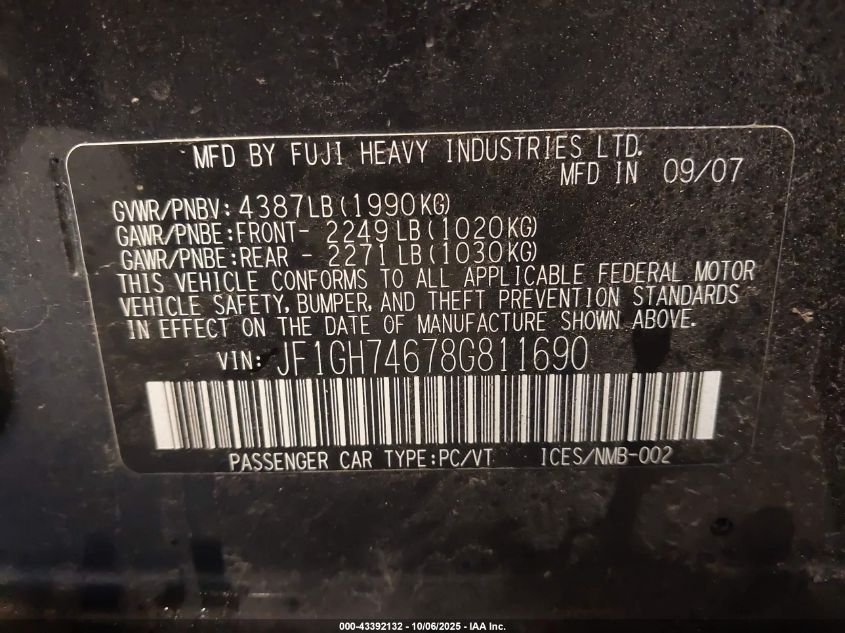 2008 Subaru Impreza Wrx VIN: JF1GH74678G811690 Lot: 43392132