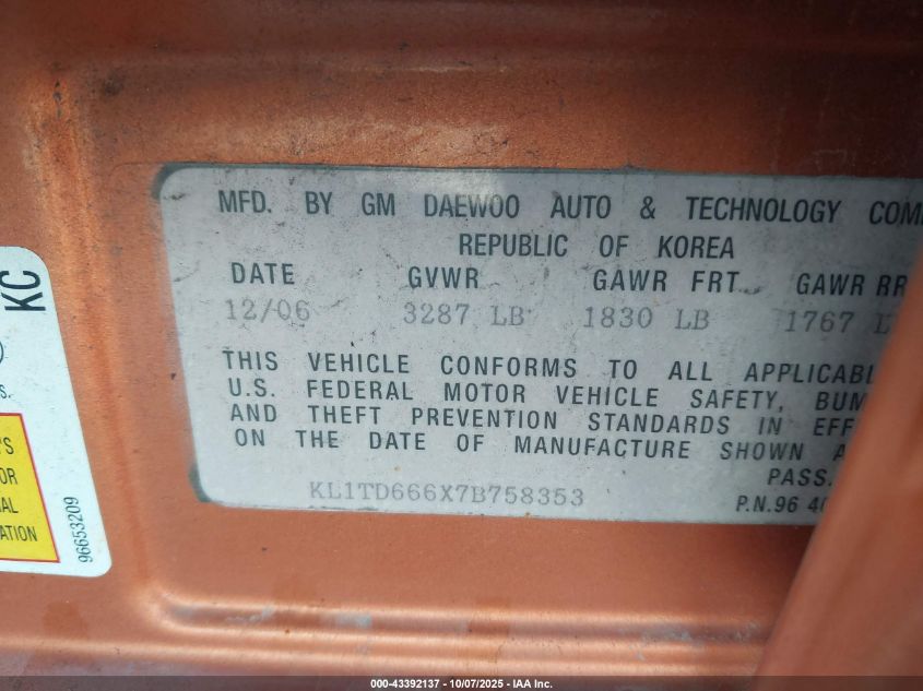 2007 Chevrolet Aveo 5 Ls VIN: KL1TD666X7B758353 Lot: 43392137