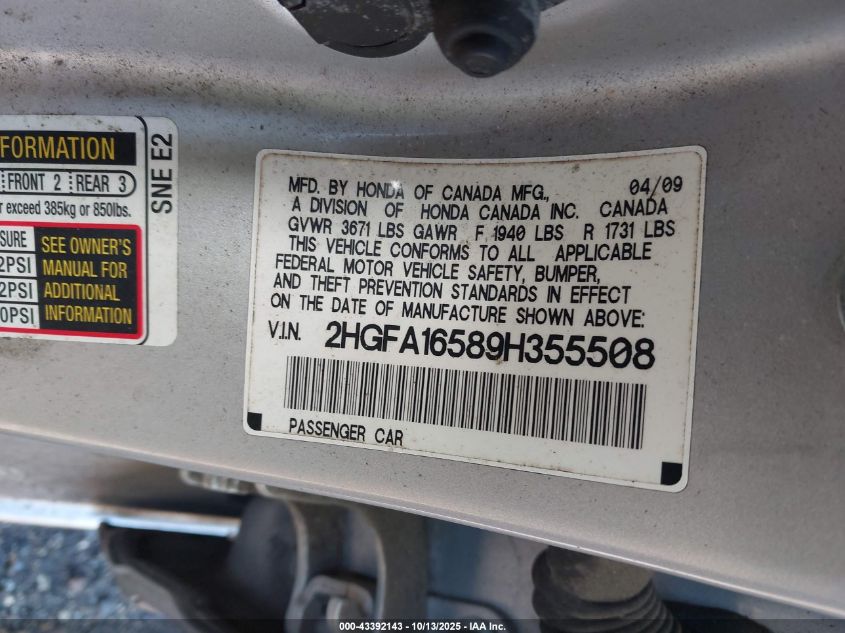 2009 Honda Civic Lx VIN: 2HGFA16589H355508 Lot: 43392143