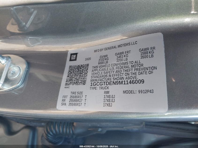 2021 Chevrolet Colorado 4Wd Short Box Z71 VIN: 1GCGTDEN9M1146009 Lot: 43392144
