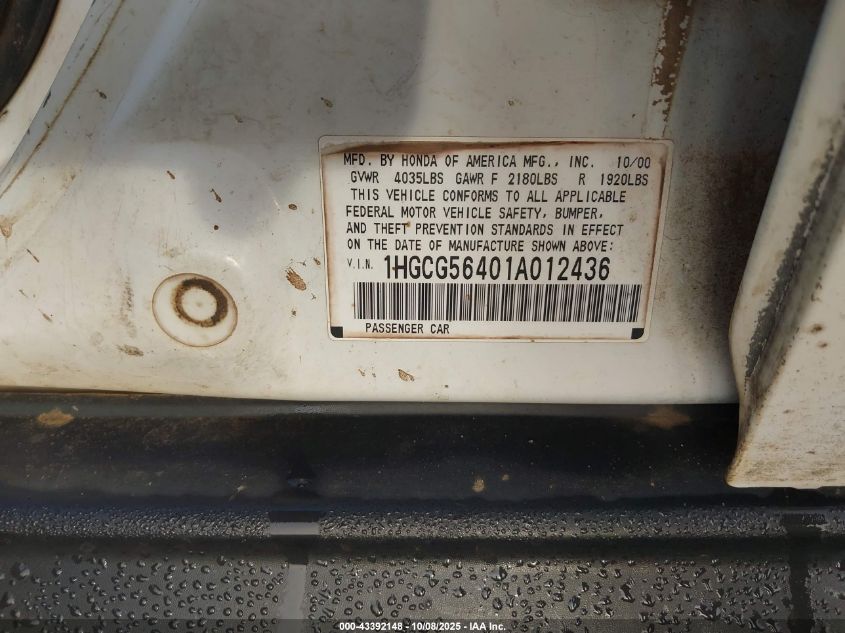 2001 Honda Accord 2.3 Lx VIN: 1HGCG56401A012436 Lot: 43392148