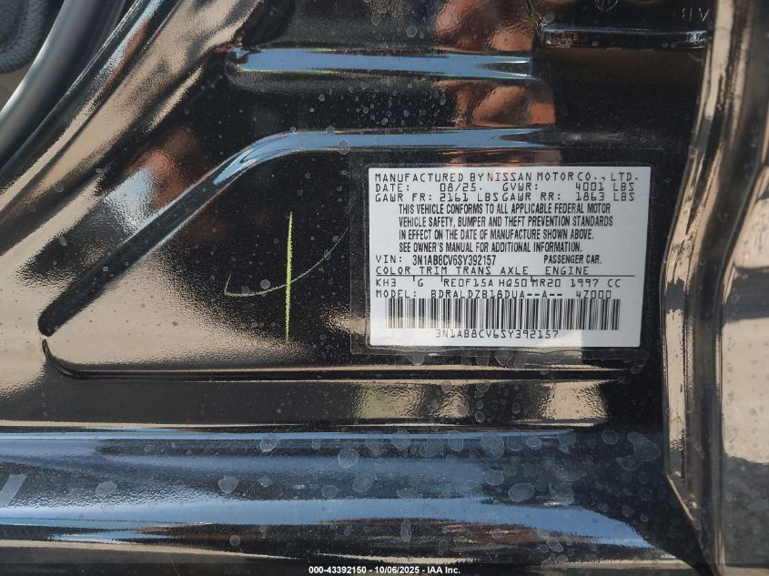 2025 Nissan Sentra Sv VIN: 3N1AB8CV6SY392157 Lot: 43392150