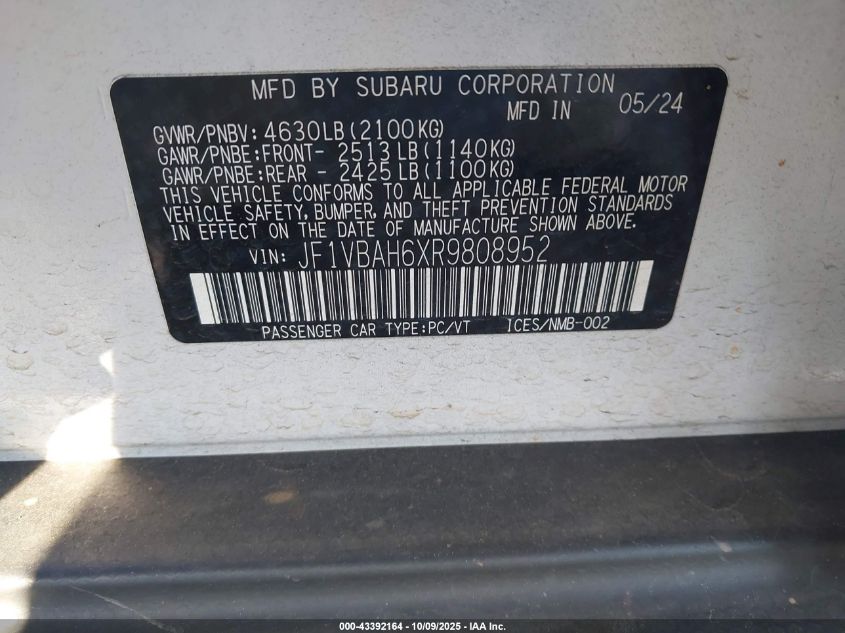 2024 Subaru Wrx Premium VIN: JF1VBAH6XR9808952 Lot: 43392164
