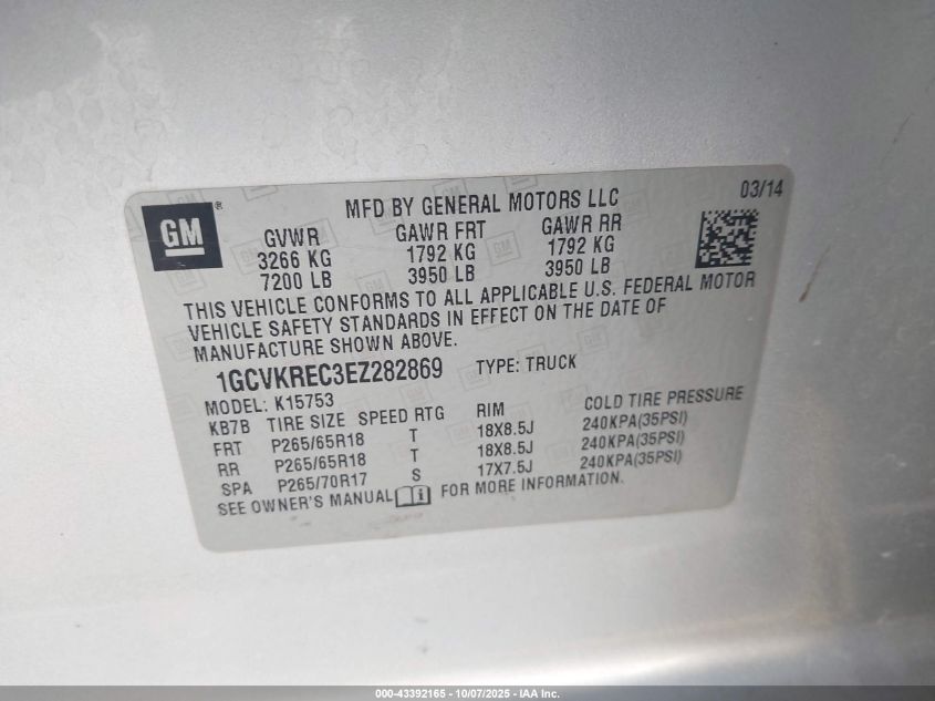 2014 Chevrolet Silverado 1500 2Lt VIN: 1GCVKREC3EZ282869 Lot: 43392165