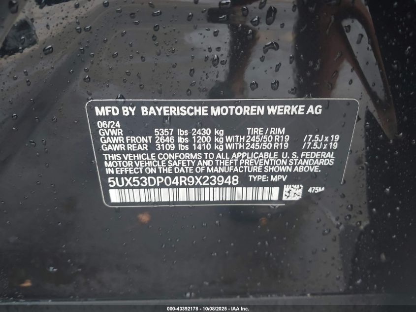 2024 BMW X3 xDrive30I VIN: 5UX53DP04R9X23948 Lot: 43392178