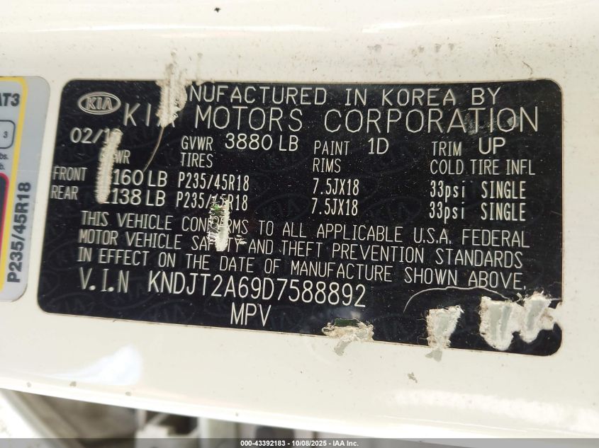 2013 Kia Soul ! VIN: KNDJT2A69D7588892 Lot: 43392183