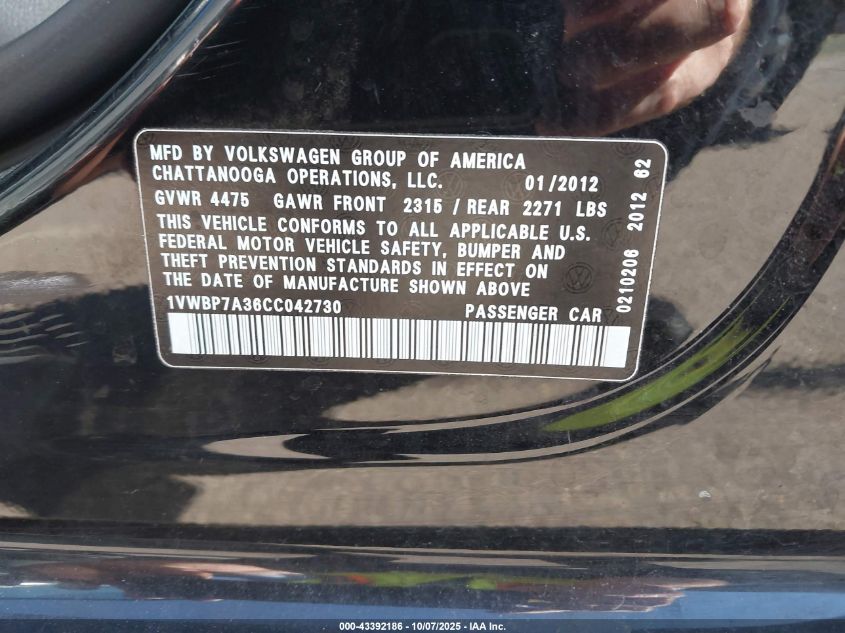 2012 Volkswagen Passat 2.5L Se VIN: 1VWBP7A36CC042730 Lot: 43392186