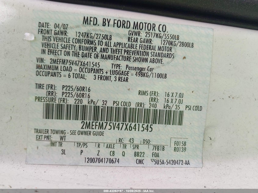 2007 Mercury Grand Marquis Ls VIN: 2MEFM75V47X641545 Lot: 43392197