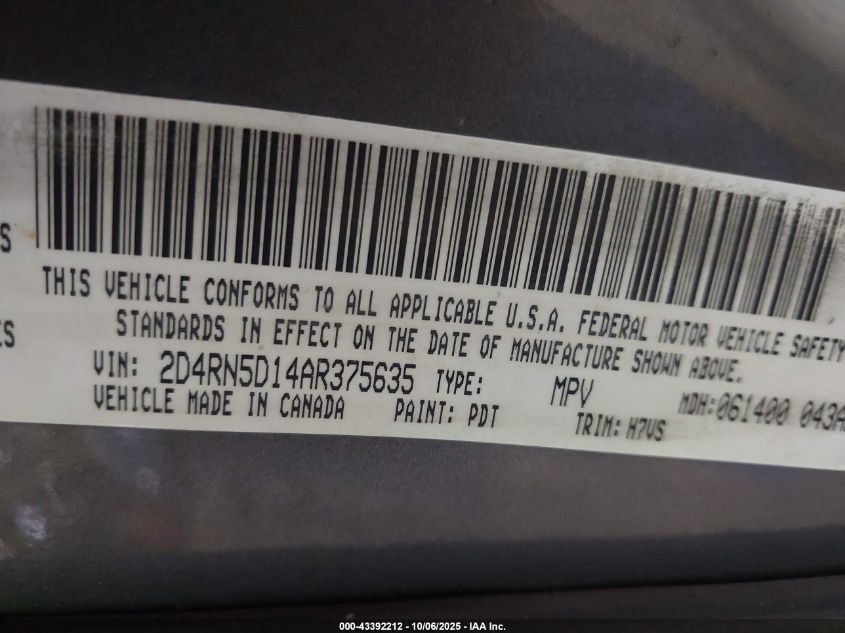 2010 Dodge Grand Caravan Sxt VIN: 2D4RN5D14AR375635 Lot: 43392212