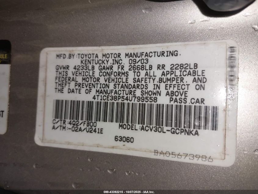 2004 Toyota Camry Solara Se VIN: 4T1CE38P54U799558 Lot: 43392215