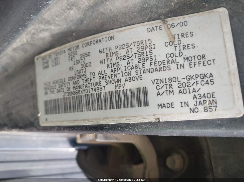 2000 Toyota 4Runner Sr5 V6 VIN: JT3GN86RXY0174887 Lot: 43392218