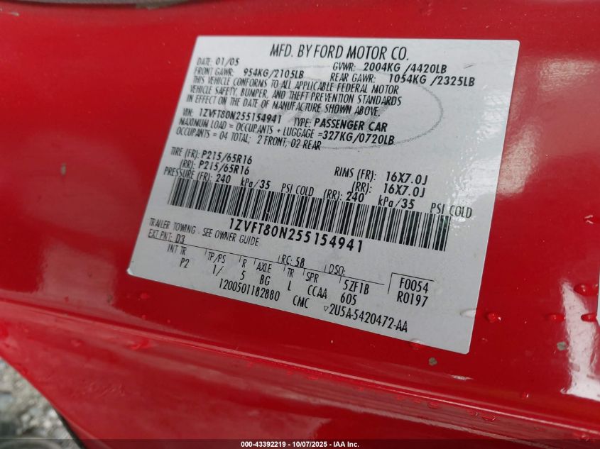 2005 Ford Mustang V6 Deluxe/V6 Premium VIN: 1ZVFT80N255154941 Lot: 43392219
