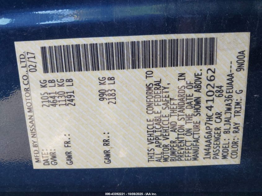 2017 Nissan Maxima 3.5 Sv VIN: 1N4AA6AP7HC410262 Lot: 43392221