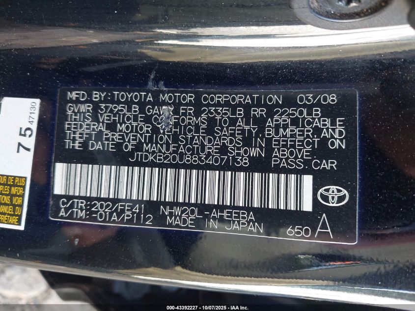 2008 Toyota Prius VIN: JTDKB20U883407138 Lot: 43392227