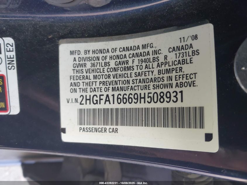 2009 Honda Civic Lx-S VIN: 2HGFA16669H508931 Lot: 43392231