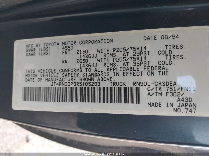 1994 Toyota Pickup 1/2 Ton Ex Lng Whlbase/Dx VIN: JT4RN93P8R5105293 Lot: 43392234