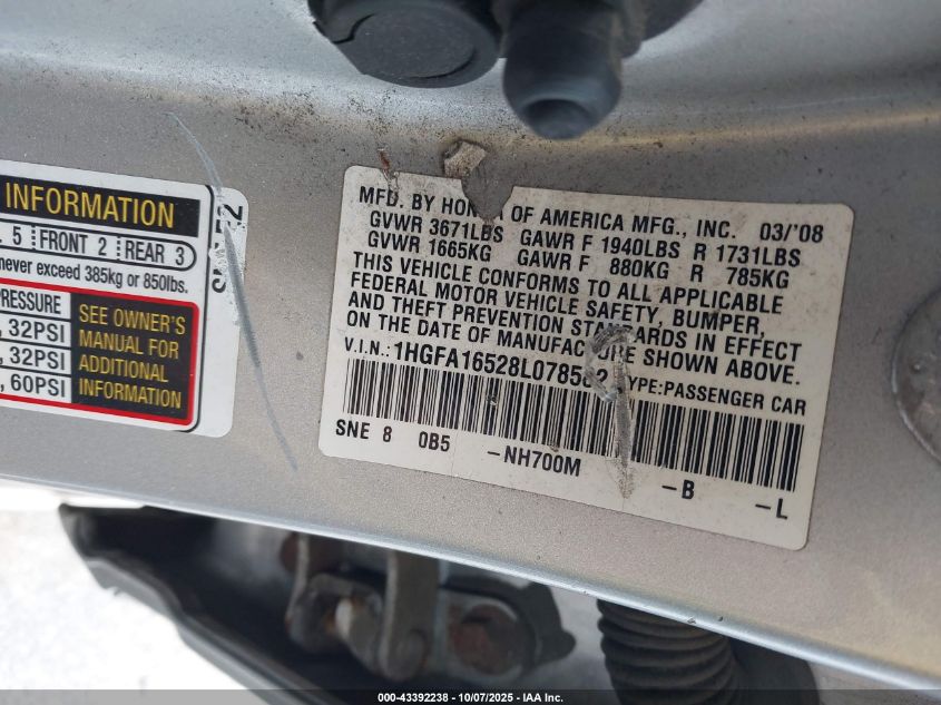 2008 Honda Civic Lx VIN: 1HGFA16528L078582 Lot: 43392238