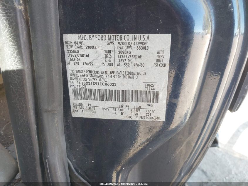 2001 Ford F-350 Lariat/Xl/Xlt VIN: 1FTSX31S91EC86022 Lot: 43392243