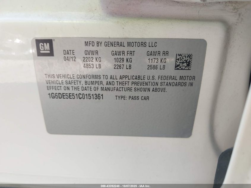 2012 Cadillac Cts Luxury VIN: 1G6DE5E51C0151361 Lot: 43392248