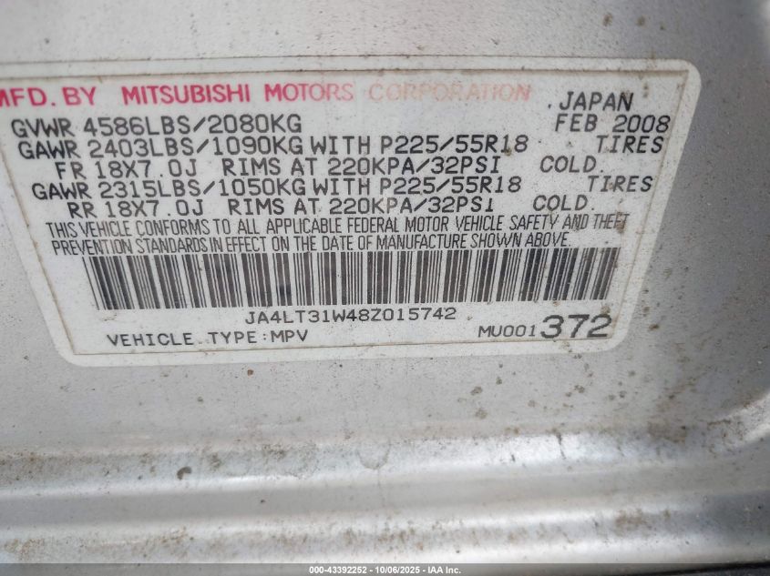 2008 Mitsubishi Outlander Se VIN: JA4LT31W48Z015742 Lot: 43392252