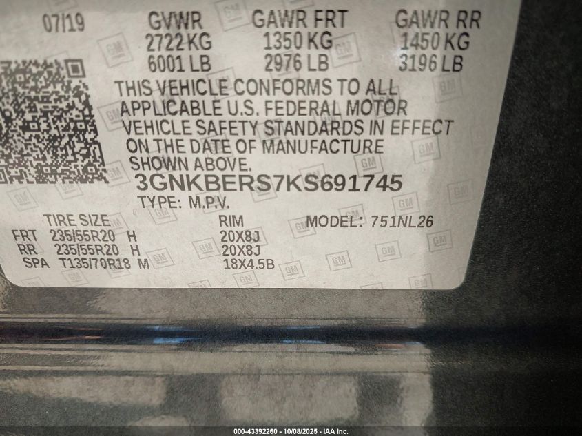 2019 Chevrolet Blazer Rs VIN: 3GNKBERS7KS691745 Lot: 43392260