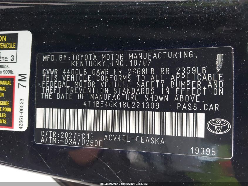 2008 Toyota Camry Se VIN: 4T1BE46K18U221309 Lot: 43392267