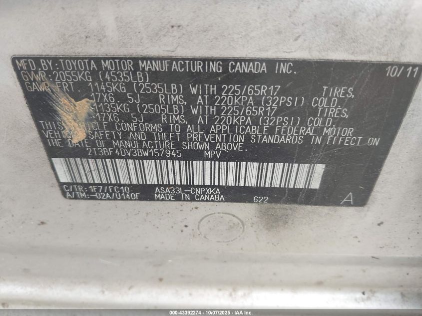 2011 Toyota Rav4 VIN: 2T3BF4DV3BW157945 Lot: 43392274