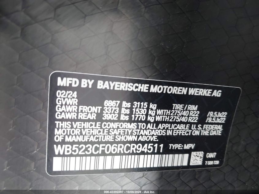 2024 BMW Ix xDrive50 VIN: WB523CF06RCR94511 Lot: 43392297