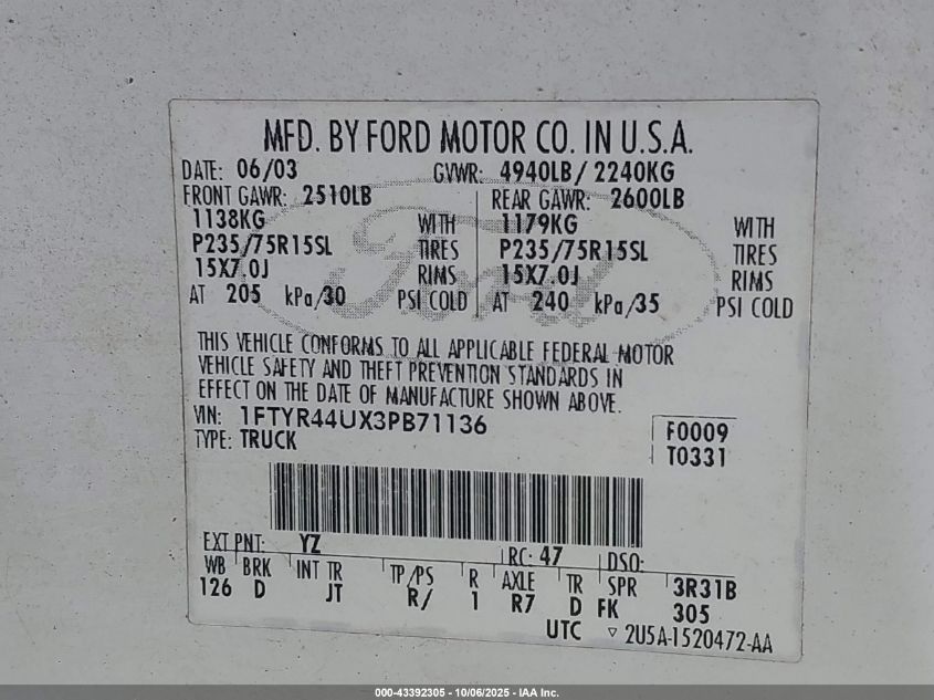 2003 Ford Ranger Edge/Tremor/Xlt VIN: 1FTYR44UX3PB71136 Lot: 43392305