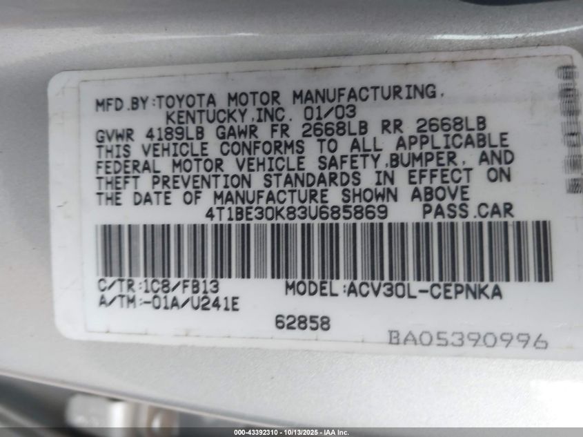 2003 Toyota Camry Le VIN: 4T1BE30K83U685869 Lot: 43392310