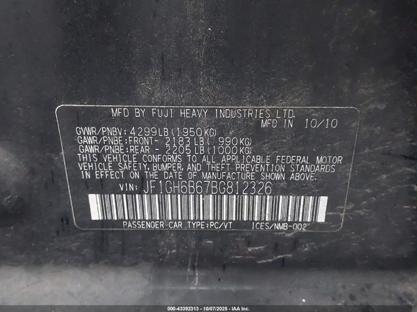 2011 Subaru Impreza 2.5I Premium VIN: JF1GH6B67BG812326 Lot: 43392313