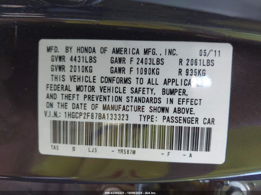 2011 Honda Accord 2.4 Ex-L VIN: 1HGCP2F87BA133323 Lot: 43392321