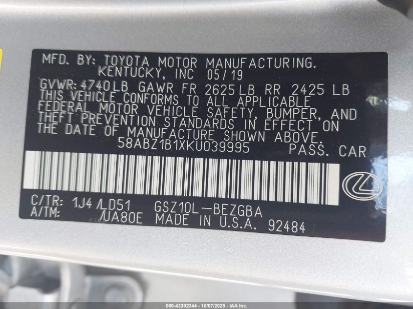 2019 Lexus Es 350 VIN: 58ABZ1B1XKU039995 Lot: 43392344