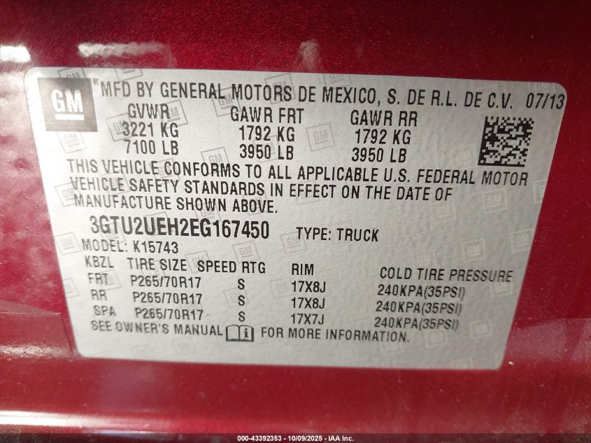 2014 GMC Sierra 1500 Sle VIN: 3GTU2UEH2EG167450 Lot: 43392353