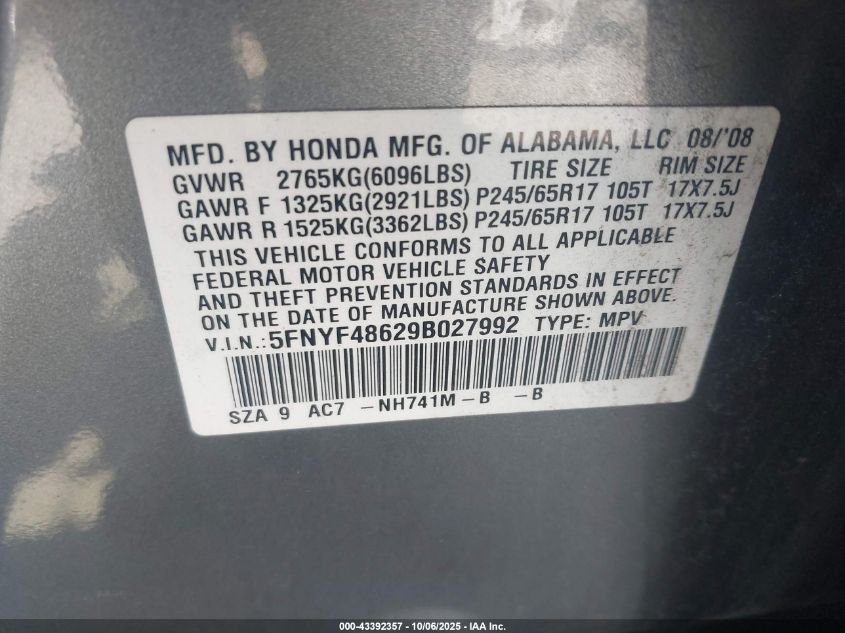 2009 Honda Pilot Ex-L VIN: 5FNYF48629B027992 Lot: 43392357