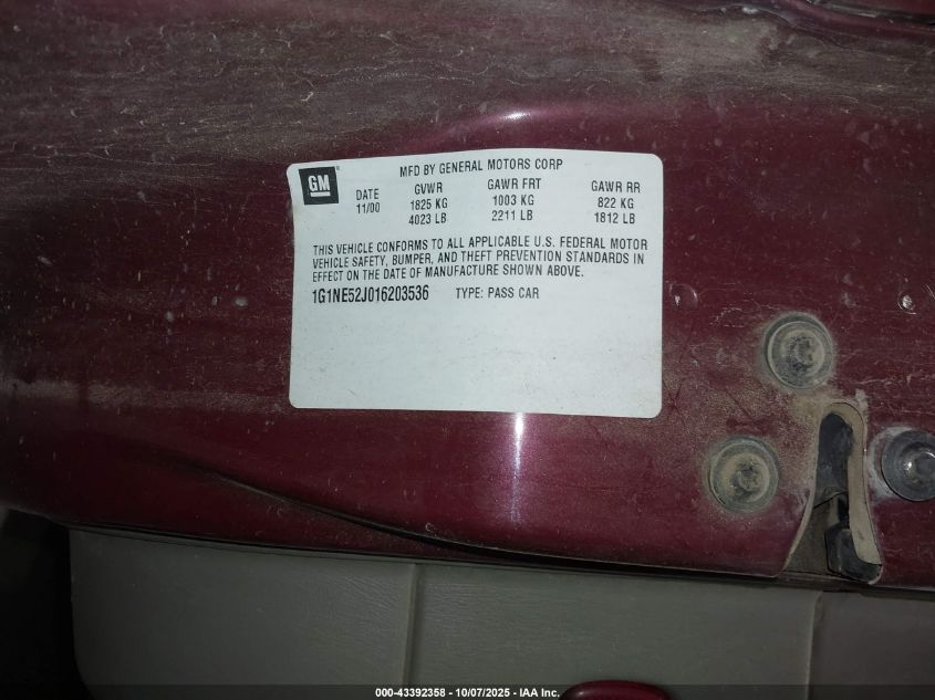 2001 Chevrolet Malibu Ls VIN: 1G1NE52J016203536 Lot: 43392358