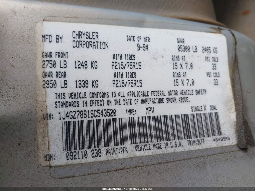 1995 Jeep Grand Cherokee Limited/Orvis VIN: 1J4GZ78S1SC543520 Lot: 43392366