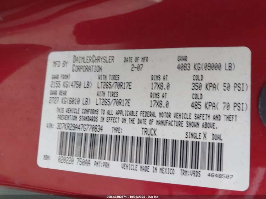 2007 Dodge Ram 2500 Slt VIN: 3D7KR29A47G770834 Lot: 43392371