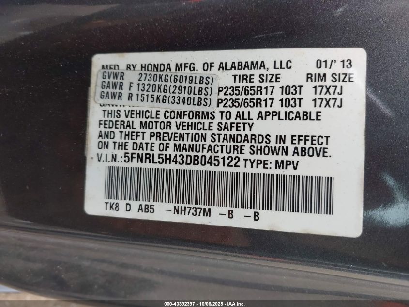 2013 Honda Odyssey Ex VIN: 5FNRL5H43DB045122 Lot: 43392397