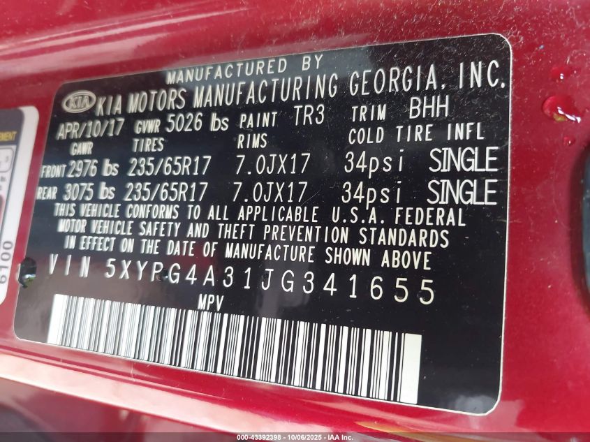 2018 Kia Sorento 2.4L Lx VIN: 5XYPG4A31JG341655 Lot: 43392398