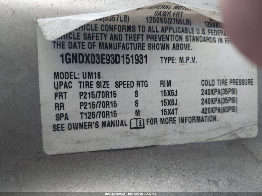 2003 Chevrolet Venture VIN: 1GNDX03E93D151931 Lot: 43392402