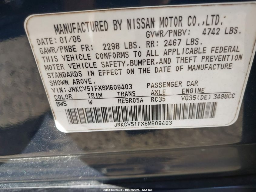 2006 Infiniti G35X VIN: JNKCV51FX6M609403 Lot: 43392403