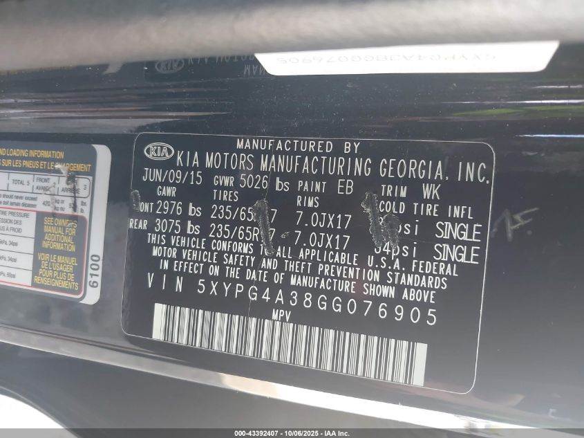 2016 Kia Sorento 2.4L Lx VIN: 5XYPG4A38GG076905 Lot: 43392407