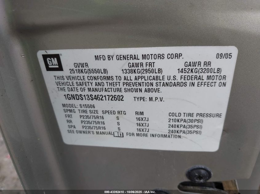 2006 Chevrolet Trailblazer Ls VIN: 1GNDS13S462172602 Lot: 43392410