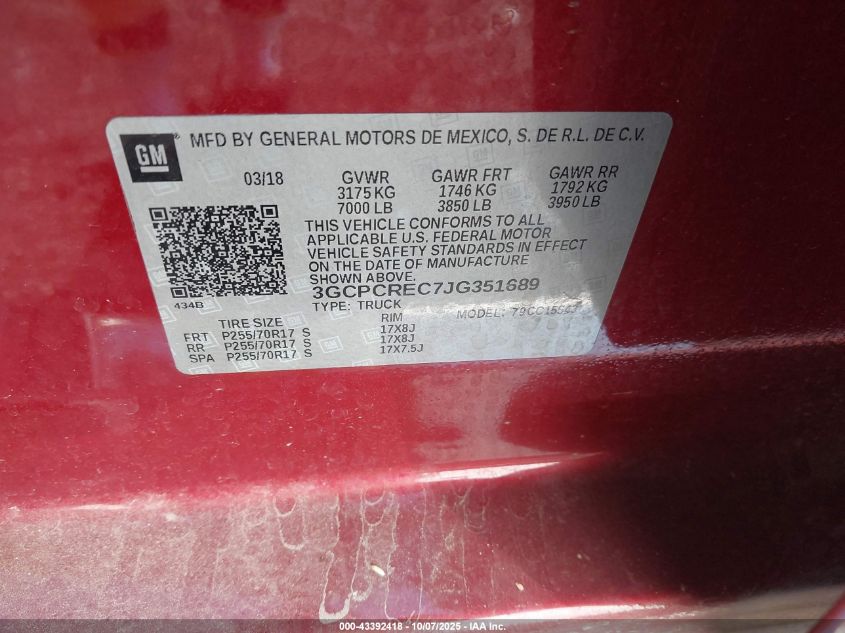 2018 Chevrolet Silverado 1500 1Lt VIN: 3GCPCREC7JG351689 Lot: 43392418