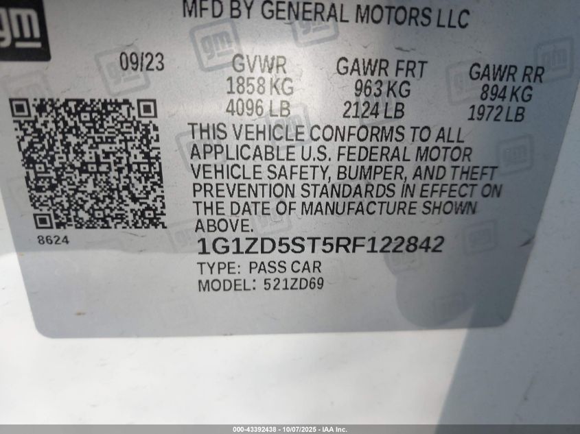 2024 Chevrolet Malibu Fwd 1Lt VIN: 1G1ZD5ST5RF122842 Lot: 43392438