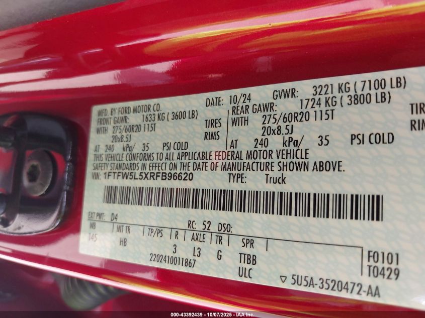 2024 Ford F-150 Lariat VIN: 1FTFW5L5XRFB96620 Lot: 43392439