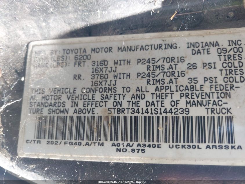 2001 Toyota Tundra Sr5 V8 VIN: 5TBRT34141S144239 Lot: 43392445